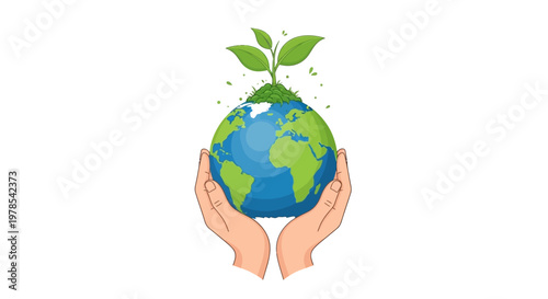 Illustrated vector graphic showing human hands gently holding a stylized Earth with a small plant growing on top, set against a clean white background, conveying a message of environmental