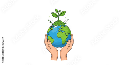 Conceptual vector art shows caring human hands cradling the Earth, with a small green plant growing from the top of the globe, set against a plain white background
