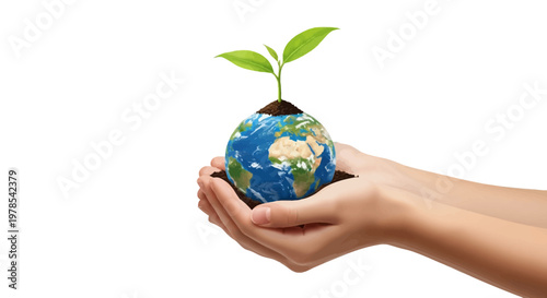 Isolated shot of human hands gently holding a small globe with a growing green plant on top, symbolizing the Human Care Concept, set against a clean white background with a focus