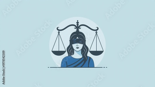 Justice concept with blindfolded woman holding scales in modern flat design style on light blue background