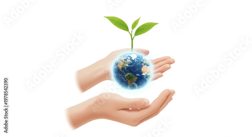 Conceptual illustration of hands cradling a glowing Earth globe with a small green plant growing from the top, presented in a clean, vector style against a pure white background