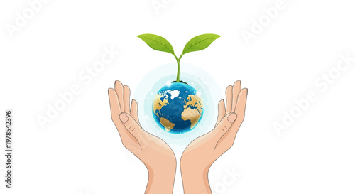 Detailed vector illustration showcasing human hands gently cradling a globe with a small plant sprouting from the top against a clean white background, symbolizing environmental care