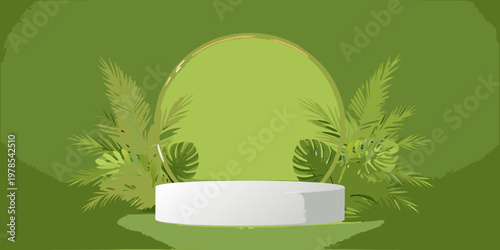 Minimalist product display with tropical leaves and a white pedestal