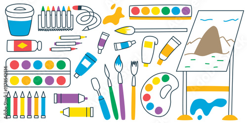 Colorful set of hand drawn artist supplies. Tools and accessories for painting, drawing with pencils, paints and doodle crayons. Easel, brushes, palette, tubes and much more. Vector graphics