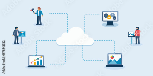 Cloud computing connects professionals analyzing data with various digital devices