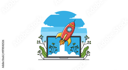 Red rocket ship launching from an open laptop screen surrounded by vibrant green foliage under a clear blue sky with fluffy clouds in a modern graphic.