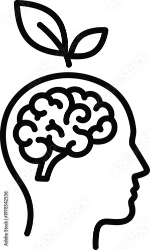 Silhouette of a head with a brain and leaf symbolizing growth and learning