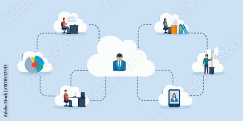 Connected professionals collaborating remotely through cloud technology and digital devices
