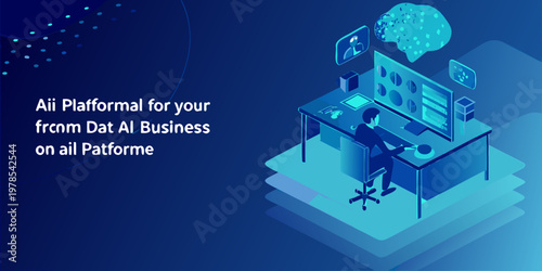 Isometric illustration depicting artificial intelligence and data analysis at work