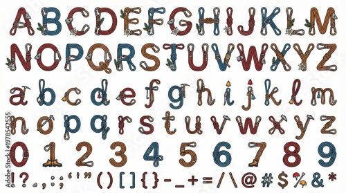 Font alphabet in Climbing route letters with rope loops carabiner counters and alpine decoration style from A to Z numbers punctuation isolated on white background.