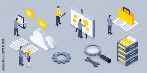 Isometric illustration depicting data analysis teamwork and digital workflow concepts