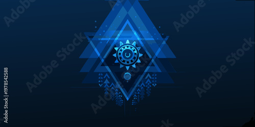 Abstract blue geometric design featuring overlapping triangles and a central emblem