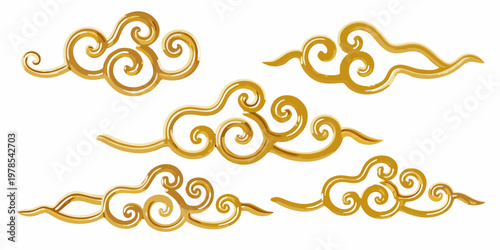 Golden chinese cloud ornaments arranged on a white background