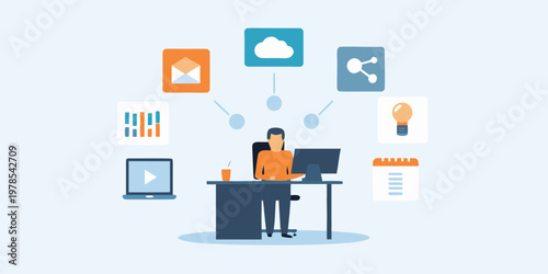 Person working at a desk surrounded by digital interface icons