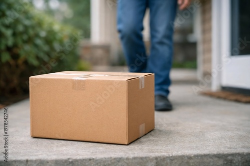Cardboard delivery box on concrete doorstep, person in blue jeans walking toward package in soft focus