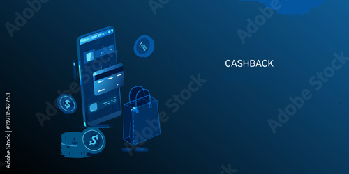 Isometric illustration of mobile payment cashback and online shopping concepts