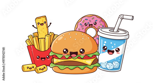 Cartoon fast food items including a burger, fries, donut, and soda on a white background with smiling faces.