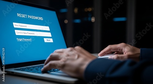 A person resetting their password on a laptop computer at night