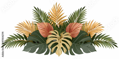 A vibrant and colorful arrangement of tropical leaves and floral elements
