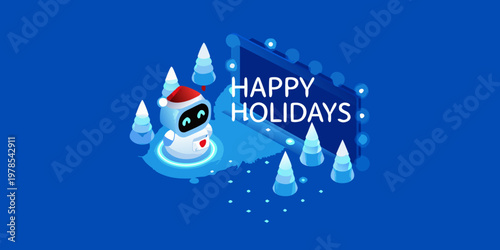 Isometric robotic character celebrating happy holidays with festive decorations