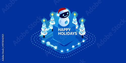 A cheerful robot wishes happy holidays amidst festive winter scenery