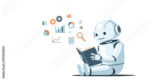 A cute white robotic character sits peacefully while reading a book surrounded by floating orange and blue data charts and analytical business icons.