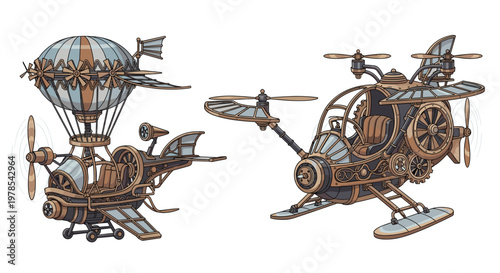 Two detailed steampunk flying machines featuring intricate brass gears and wooden propellers soar through a clean white space with vintage aesthetics.