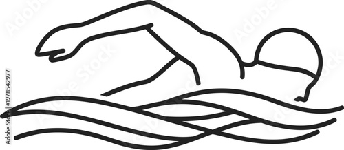 Minimalist vector icon of a swimmer in the front crawl style, ideal for illustrating aquatic sports, pool activities, and active lifestyle concepts.