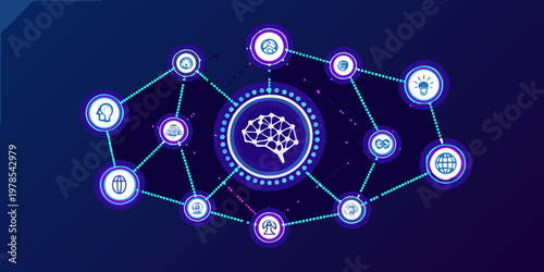 Abstract neural network illustration with glowing icons and connected nodes
