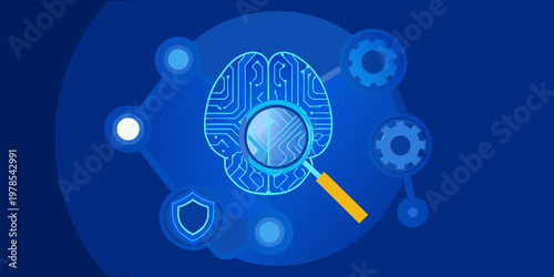 Digital brain concept with circuit patterns a magnifying glass and security