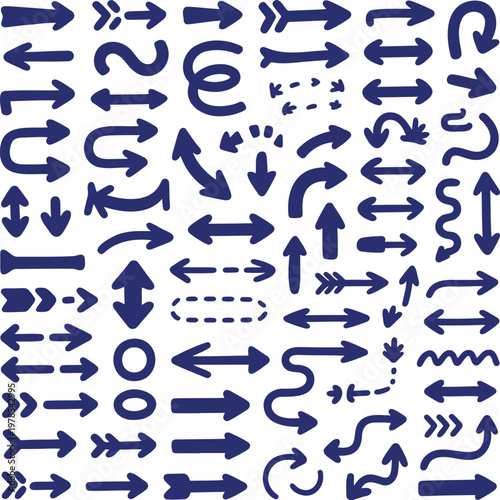 Large set of blue hand drawn style arrow symbols for playful and informal design projects