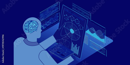 Artificial intelligence concept with a human head and digital displays