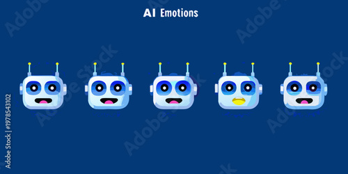 Five robotic faces displaying a range of emotional expressions