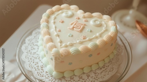 Vintage korean heart shaped cake with soft pastel frosting and decorative sprinkles on a glass plate