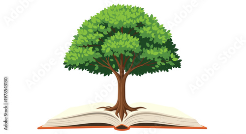 A vibrant green tree with dense foliage emerges from the pages of an open book showcasing a strong rooted trunk against a crisp clean white background now.