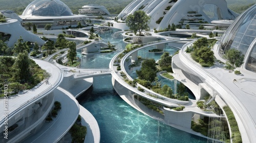 Futuristic cityscape with sustainable architecture and waterways