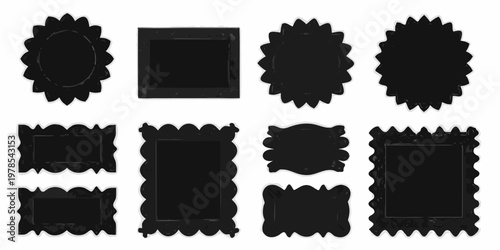 Collection of black uniquely shaped frames arranged in a grid pattern