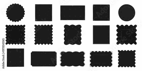 Collection of various black frames and labels arranged in a grid pattern