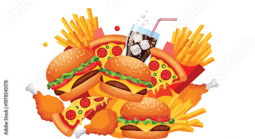 Flat lay composition of assorted fast food items including burgers, fries, pizza slices, and a soda cup on a white background with vibrant colors.
