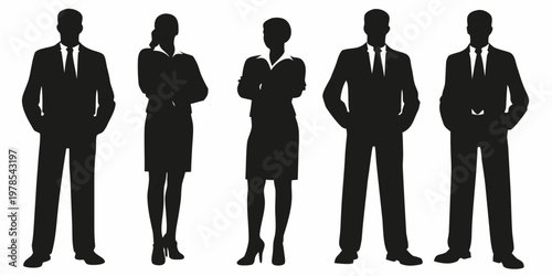 A group of five silhouetted business professionals standing in a row