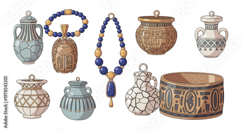 A diverse array of decorative pottery vessels and elegant blue beaded jewelry pieces are arranged neatly against a plain white background for visual impact.