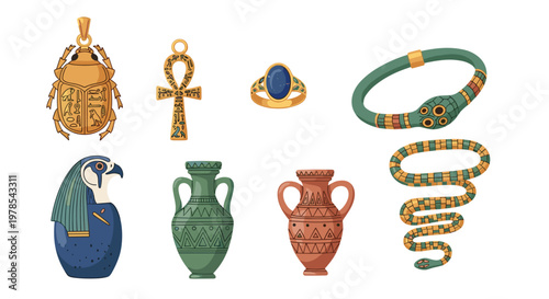 An exquisite collection of ancient Egyptian artifacts featuring a golden scarab an ankh a blue ring a snake bracelet and ornate pottery on white background.