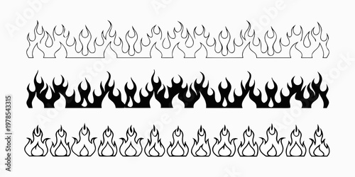 Three rows of stylized black and white flame graphics