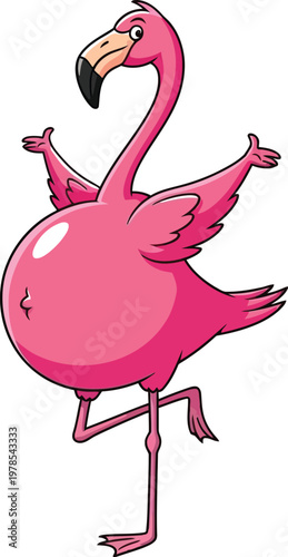 Pink cartoon flamingo standing on one leg in a funny dancing pose with wings spread