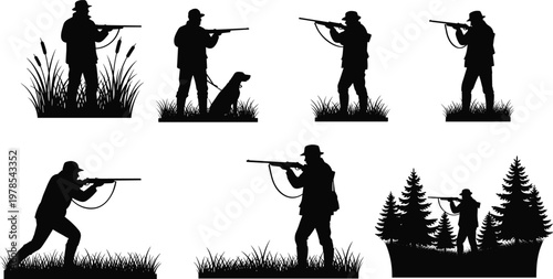 Silhouette collection of hunters with rifles and dogs in nature landscapes, waterfowl hunting, forest deer hunter, outdoor sport hobby set. (21 words)