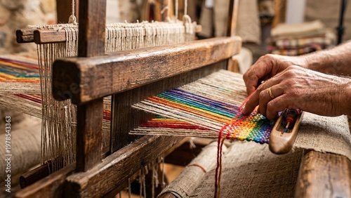 Hands weaving colorful rainbow threads on a traditional wooden loom.