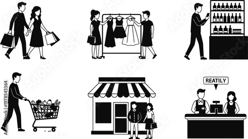 Shopping and retail vector set featuring customers with bags, grocery carts, clothing racks, store storefront, and cashiers at the checkout counter.