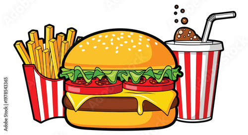 Flat lay illustration of a cheeseburger, fries, and soda in a red-and-white cup on a plain white background.