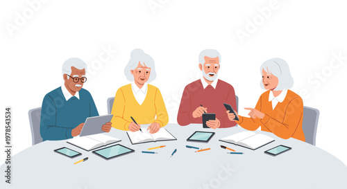 Four elderly people sitting around a round table, actively using tablets, smartphones, and notebooks for their collaborative work on white background.