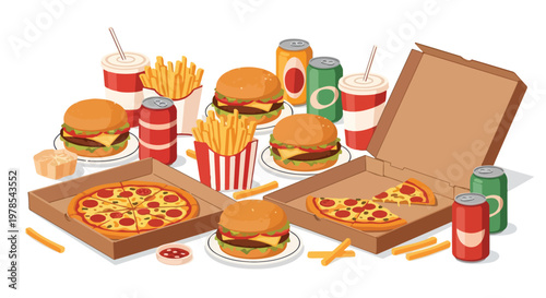 Flat lay illustration of assorted fast food items including pizza, burgers, fries and drinks on a white background.